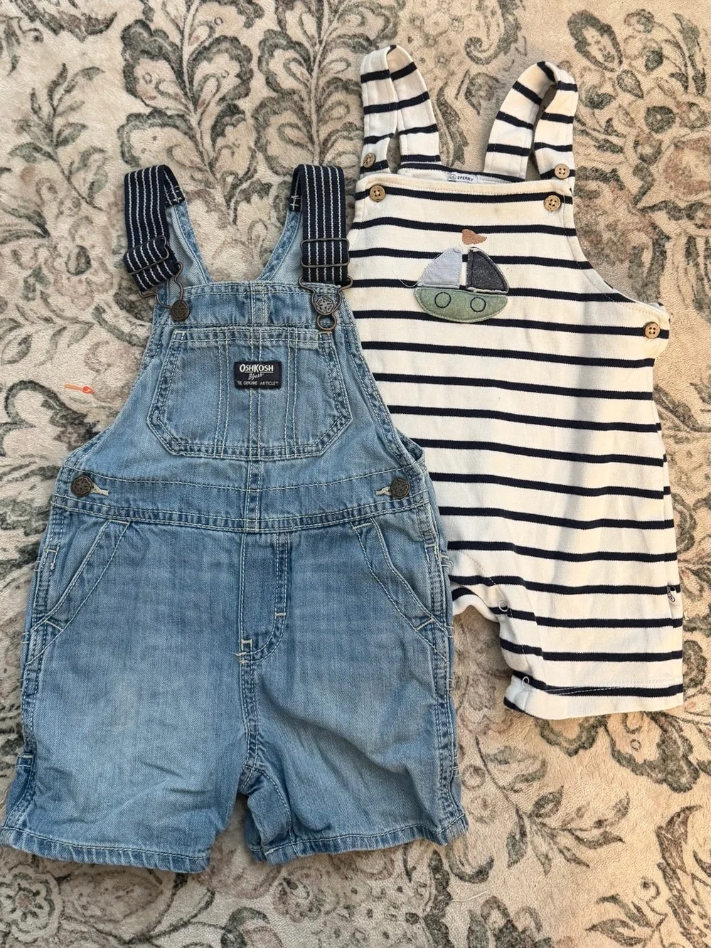 OshKosh B'gosh Denim Shortalls and Navy Stripe Sailboat Overalls